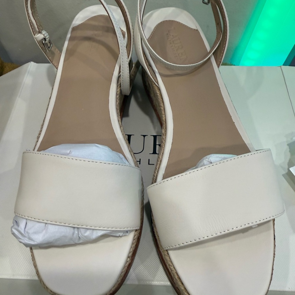 Ralph Lauren Cream Leather Ankle-Strap Espadrille Sandals